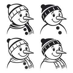 Four snowman faces with hats and scarves icon silhouette 2