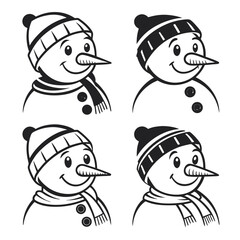 Four snowman faces with hats and scarves icon silhouette