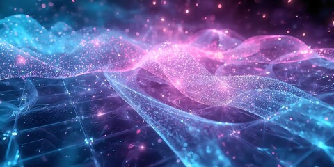 Abstract digital data wave moving through a futuristic glowing network landscape