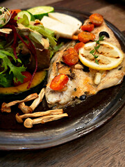 Grilled fish steak with mixed vegetable salad.