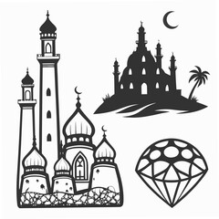 Islamic architecture and diamond graphic on white background