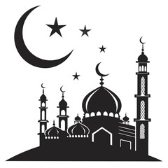 Islamic crescent and stars above mosque silhouette