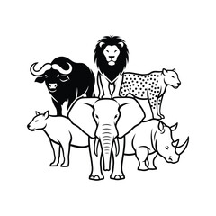 Fototapeta premium Stylized black and white illustration of iconic african safari animals arranged in a composition