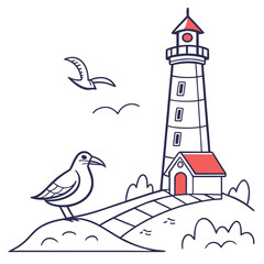 Lighthouse with Seagull and Birds on Hill flying