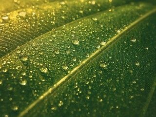Lush green leaf adorned with sparkling morning dew drops in a vibrant close-up