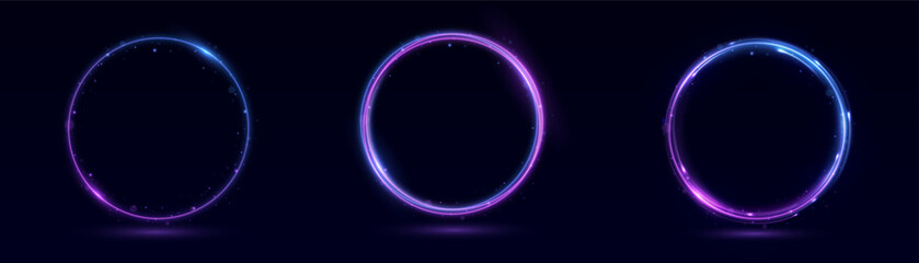 Set of Three Glowing Neon Circles with Gradient Colors and Particle Effects on Dark Background for Futuristic Design
