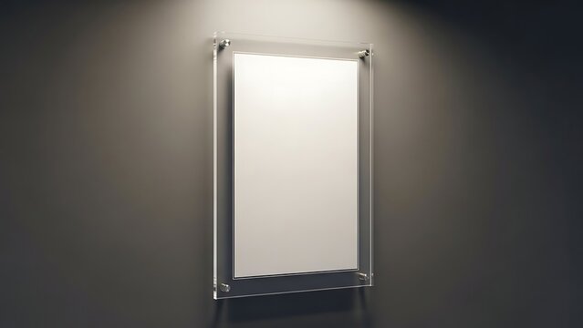Blank acrylic poster frame mockup on dark wall with spotlight, clear glass banner for presentation.