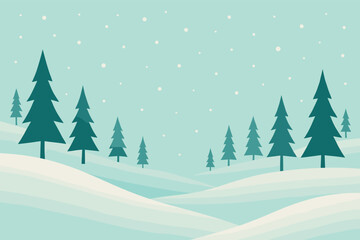 Obraz premium minimalist winter landscape in pastel mint tones: light turquoise sky with light snowfall, rolling snow-covered hills, silhouette of a coniferous forest with dark green stylized fir trees