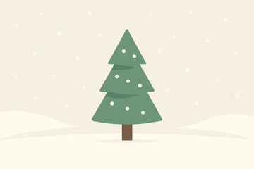 Obraz premium A single stylized green Christmas tree (in three tiers) with a brown trunk standing on a gentle snow-covered hill. The tree is decorated with small white circles resembling snowflakes.