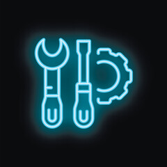 Neon blue wrench screwdriver and gear maintenance icon glowing on black background