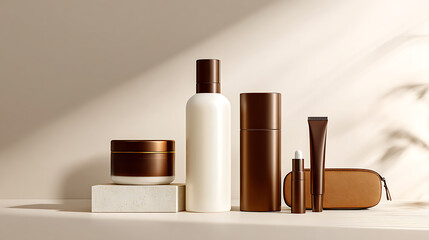 Skincare Product Lineup on Beige Surface with Brown Packaging and Brown Leather Case