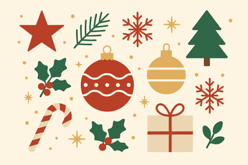 Fototapeta premium A beautiful festive illustration in a minimalist style with Christmas elements. Typical Christmas symbols scattered on a light beige background with golden confetti.