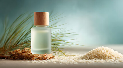 Small Perfume Bottle with Wooden Cap Beside Rice and Grains