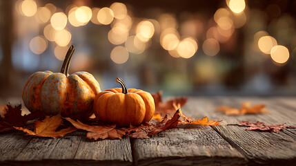 Small Pumpkins on Rustic Wooden Table with Autumn Leaves