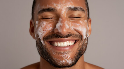 Smiling Man with Facial Foam Cleanser on Face