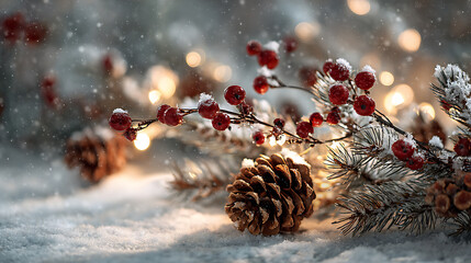 Snowy Branches with Red Berries and Pinecone in Winter Scene
