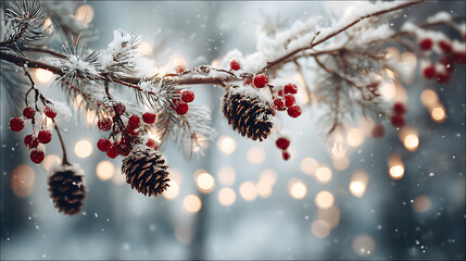 Snowy Pine Branch with Berries and Pinecones in Festive Lights