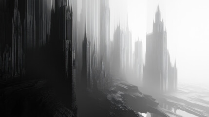 Fototapeta premium Mysterious Foggy Landscape with Abstract Cityscape in Shadows