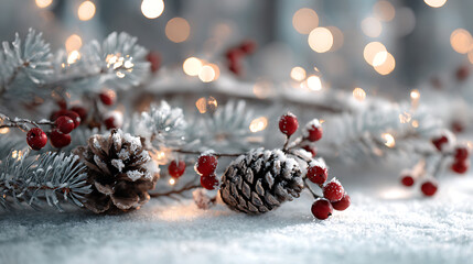 Snowy Pine Branch with Pinecones and Red Berry Clusters in Holiday Scene