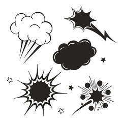 Set of 7 Black Cartoon Explosion Silhouettes on White