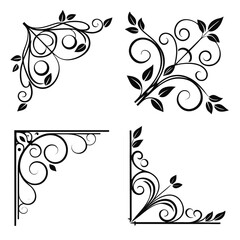 Set of 7 Black Ornamental Corner Designs with Leaves