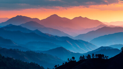 Sunrise Over Layered Mountain Range with Silhouettes of Trees