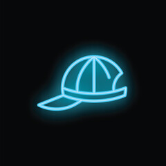 Neon icon of a blue baseball cap is glowing on a black background