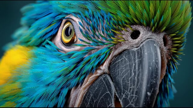 A colorful parrot displays its feathers and eye from various angles, showcasing the intricate textures and bright colors in natural light