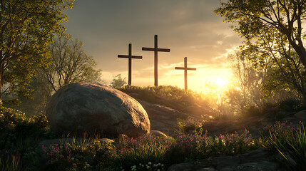 Three Crosses on a Hill at Sunset in a Field