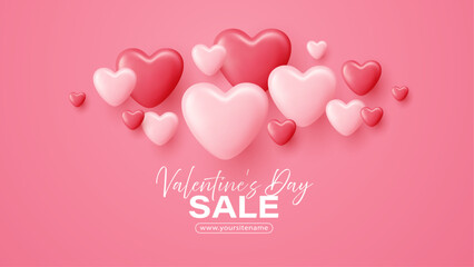 Romantic Valentine's Day design featuring floating pink heart-shaped balloons in 3D style, ideal for love celebration banners, greeting templates, or February 14 party decorations