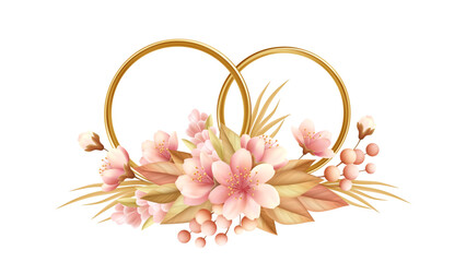 Elegant gold wedding rings with delicate watercolor flowers, perfect for engagement invitations, anniversary cards, or bridal ceremony designs with romantic floral accents.