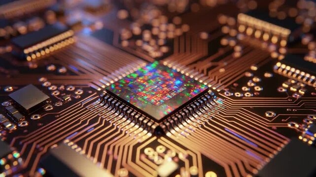 Advanced Microchip Processor on Circuit Board with Glowing Connections.