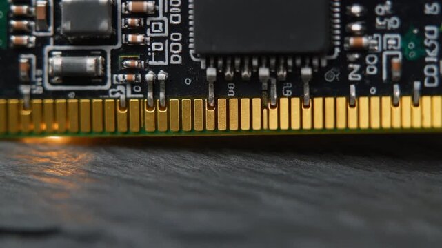 Closeup of a computer RAM module with golden contacts and microchips highlighting the intricate details of modern technology and electronic components.