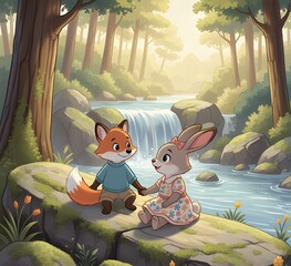 Cute Cartoon Fox and Bunny Holding Hands by Forest Waterfall