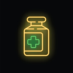 Glowing neon line medicine bottle icon on a black background
