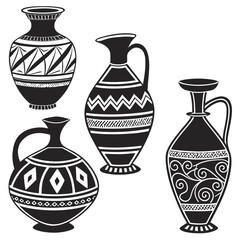 Set of five black and white tribal pottery silhouettes