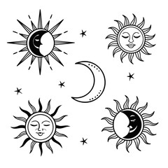 Set of five black and white sun and moon icons with stars