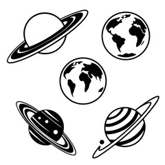 Set of five black planet and earth icons saturn mars ©  MST RABEYA  BEGUM
