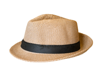Classic woven fiber summer hat with black ribbon isolated on a white background