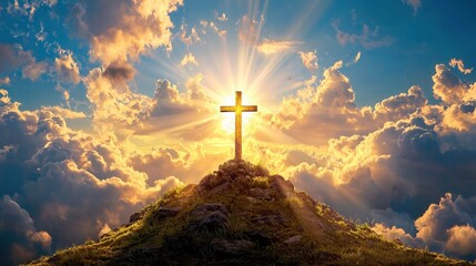 Fototapeta premium Sunrise Over Cross on Mountain with Dramatic Cloudy Sky
