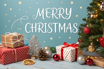 Festive Christmas arrangement with decorated tree, gifts, pinecone, and orange slice on a light blue wooden background.