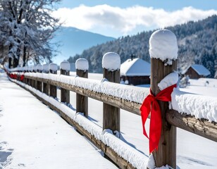 Snow-covered wooden fence with red ribbons, framing a winter landscape with huts and trees