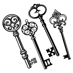 Set of five ornate antique door key silhouettes vintage