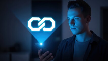 A strikingly illuminated, futuristic white infinity symbol emanating from the screen of a modern smartphone held by a young man with short dark hair, bathed in cool blue lighting within a dimly lit