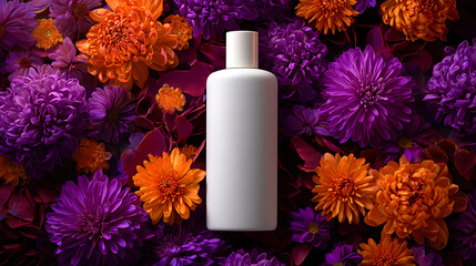 White Cosmetic Bottle on Vibrant Purple and Orange Flowers