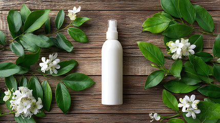 White Cosmetic Bottle on Wooden Surface with Green Leaves and White Flowers