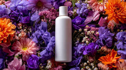 White Cosmetic Bottle Placed Among Colorful Flowers