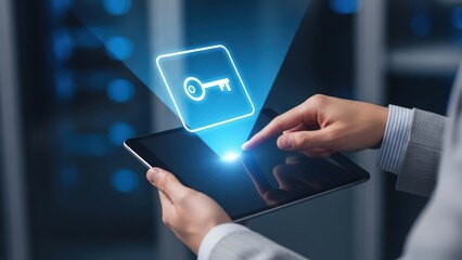 Sleek, modern digital tablet displaying a glowing neon blue key icon projected from the screen, being gently touched by a professionally dressed hand in a blurred office environment with cool-toned