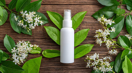 White Cosmetic Spray Bottle on Wooden Surface with Green Leaves and White Flowers
