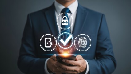 Sophisticated and professionally dressed businessman in a dark navy suit is depicted holding a smartphone with glowing, futuristic digital security icons—a padlock, fingerprint scan, checkmark, and
